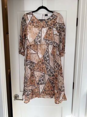 Patchwork Floral Long-Sleeve Dress in Tan and Cream